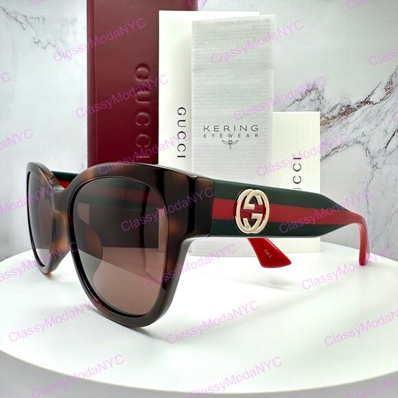 New GUCCI Sunglasses Brown Cat Eye Round Red Green Web Arms Gold GG Womens main image 16